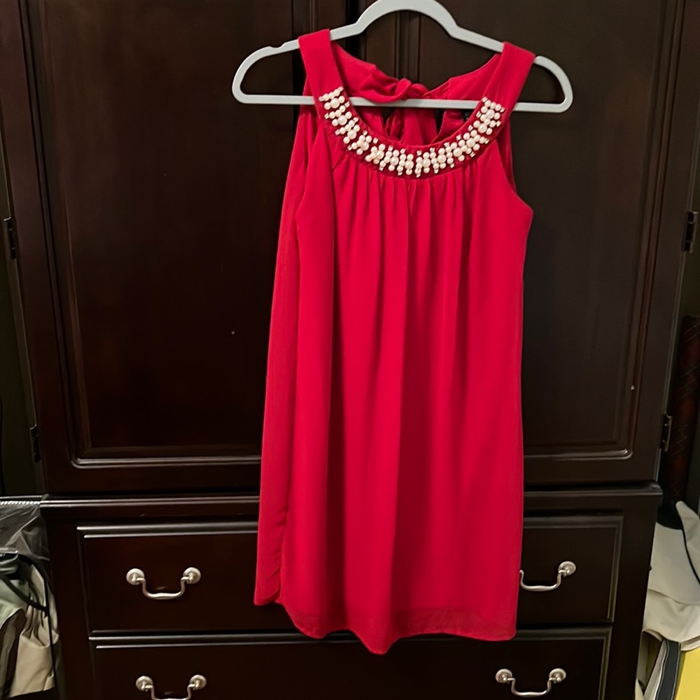 Red dress with pearl neckline